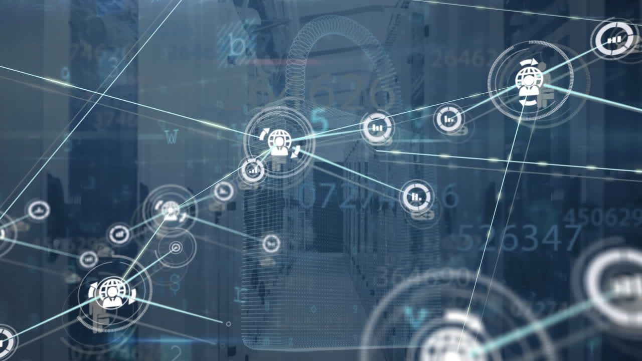 animación de la red de conexiones con iconos y procesamiento de datos a través de servidores informáticos