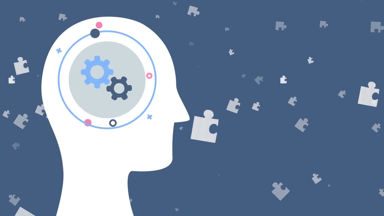 파란색 배경에 떠다니는 퍼즐 위에 인간의 머리 속의 기어의 애니메이션