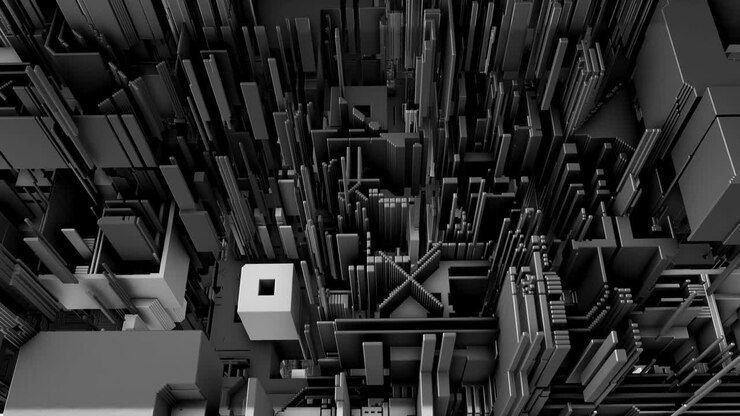 Abstract 3D rendering of surface with random cubes and electronic shapes.