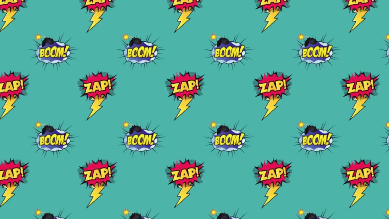 animación de cómic 5 opciones de texto sobre múltiples burbujas de habla cómica con efectos de sonido cómic textos