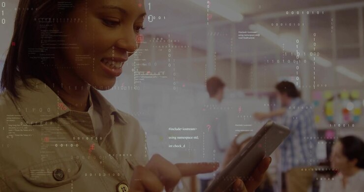 woman tapping and swiping tablet screen in office, launching code streams for data visualization