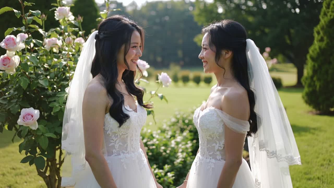 穿着蕾丝婚纱和头纱的微笑新娘们在阳光明媚的花园里依偎，笑容绽放，分享着喜悦。