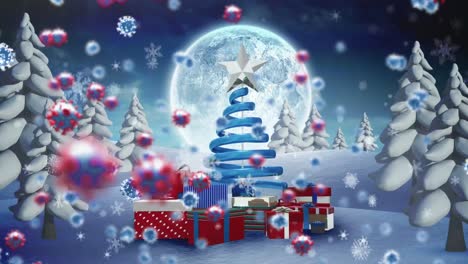 Animation-Von-Covid-19-Zellen,-Die-Sich-Mit-Weihnachtsbaum-Und-Geschenken-über-Eine-Winterlandschaft-Bewegen