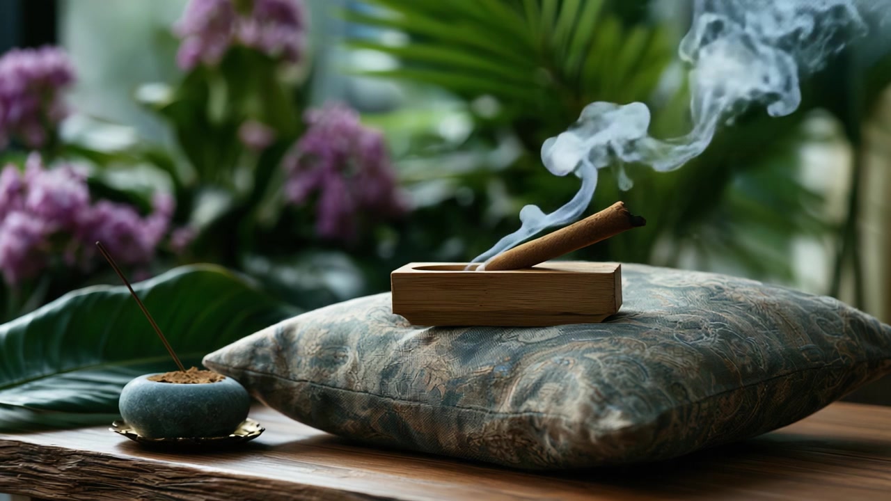 Aromi accattivanti: una scena tranquilla di incenso e bellezza naturale tra una vegetazione lussureggiante e fiori vivaci.