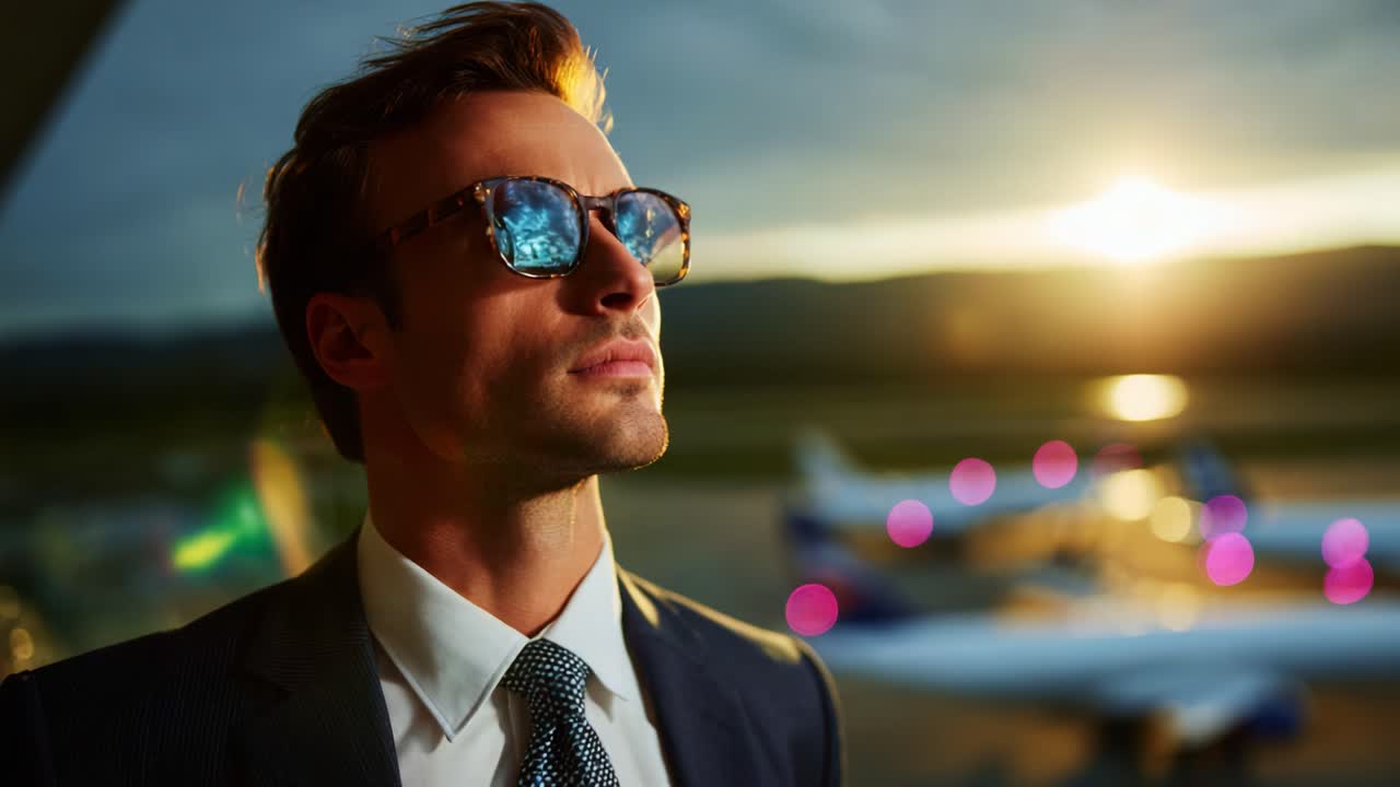 A Confident Individual Gazing Reflectively into the Distance, Captivated by the Beautiful Sunset and Surrounding Airplane Scene, Emanating Charm and Determination in a Professional Setting