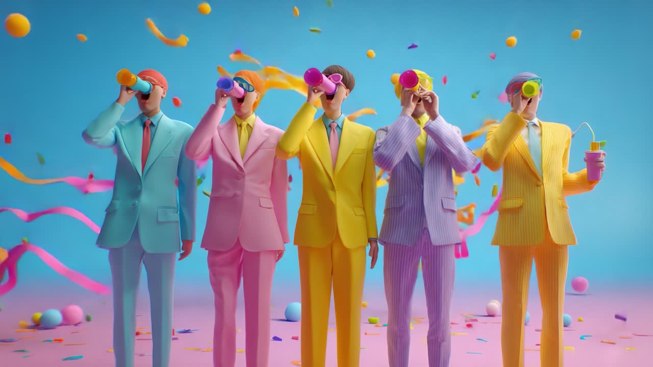 Five Characters in Colorful Suits Enjoying Festive Drinks Amidst a Vibrant Celebration with Colorful Confetti and Serpentine Decorations in a Playful Atmosphere