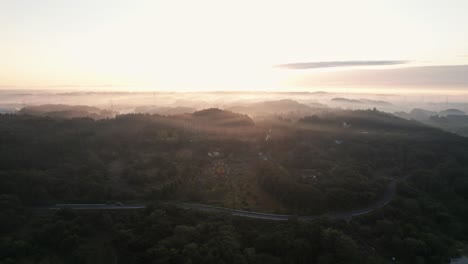 aerial drone fly pink sunset at japanese countryside village outskirts with overgrown grass, mountain range background golden sunset japan summer skyline