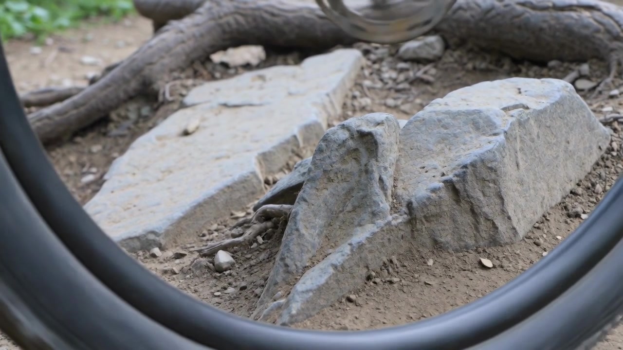 Camera panning to reveal roots, small rocky outcrop at tree base moving, with rings and bulb