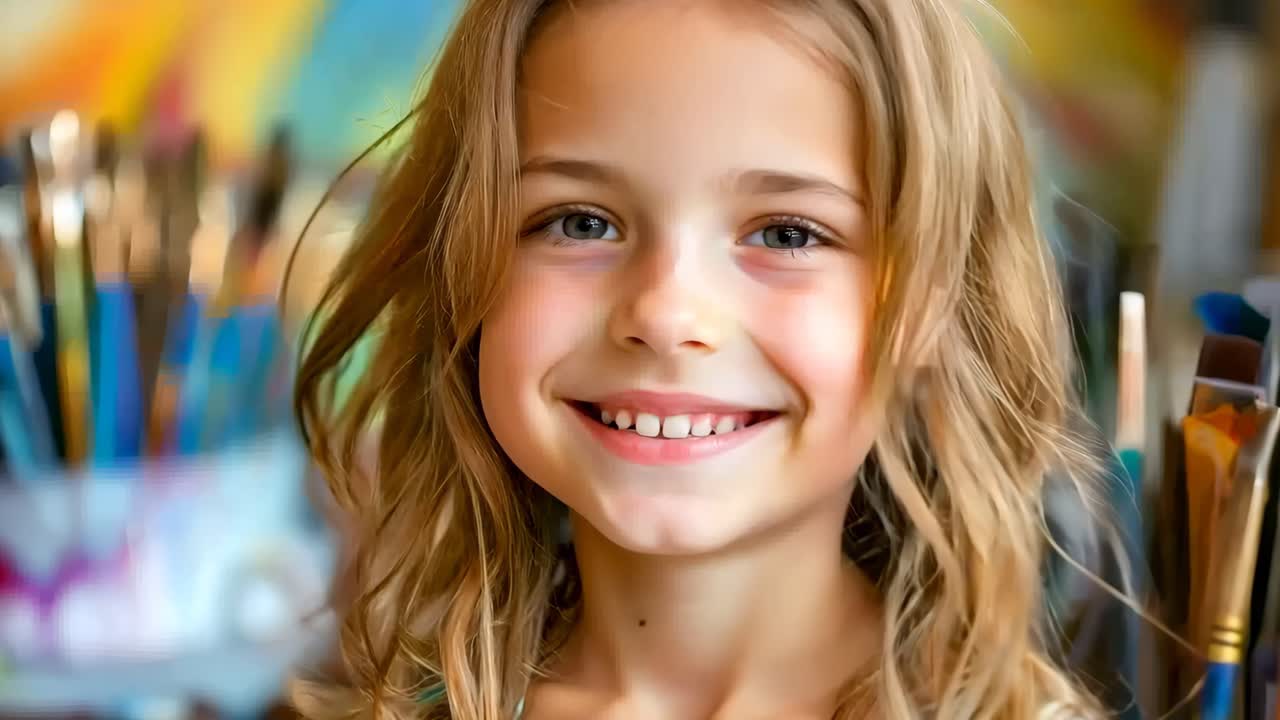 Uma jovem garota sorri para a câmera em frente a uma pintura