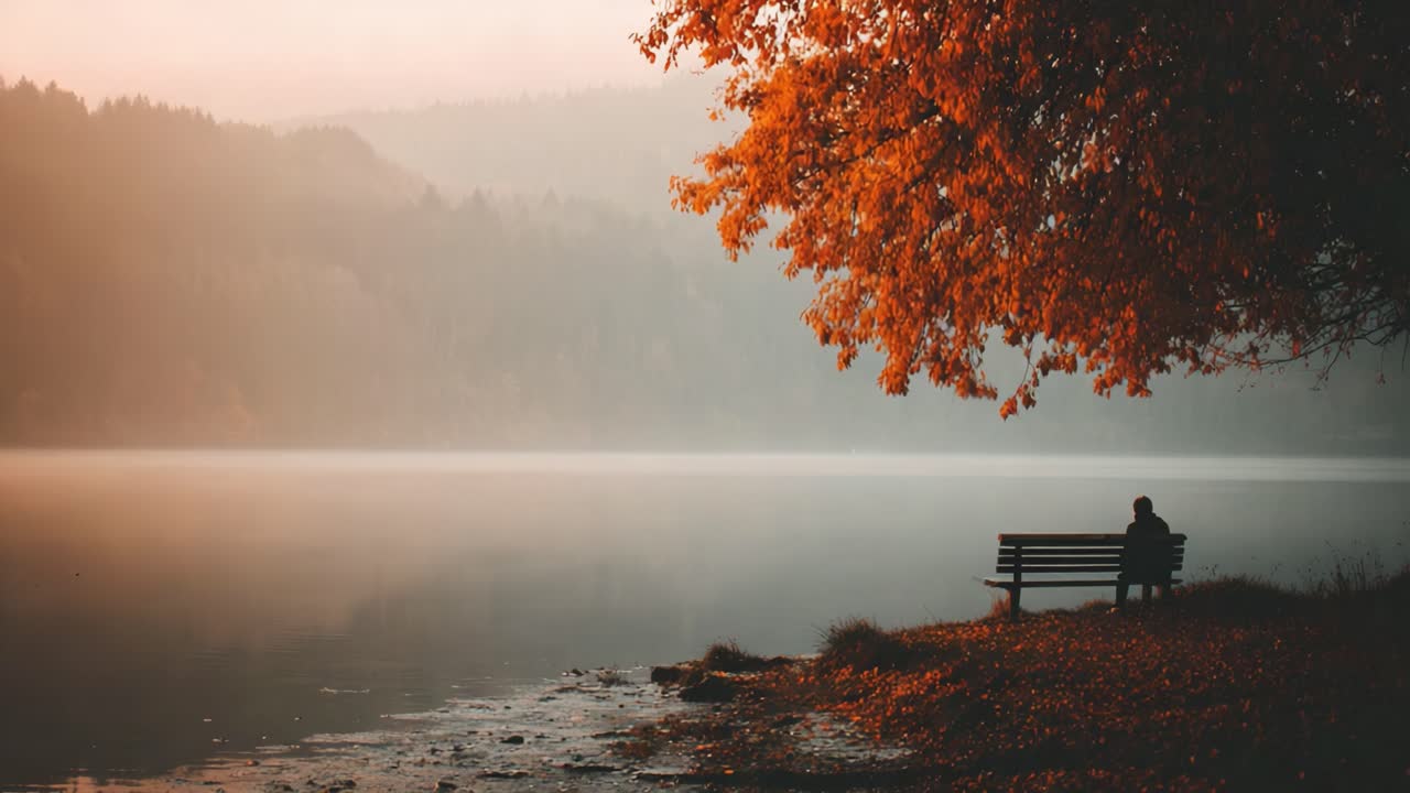 Serene Autumn Reflections: A Tranquil Scene by the Lake with a Solitary Figure Enjoying the Changing Colors of Fall Underneath a Majestic Tree