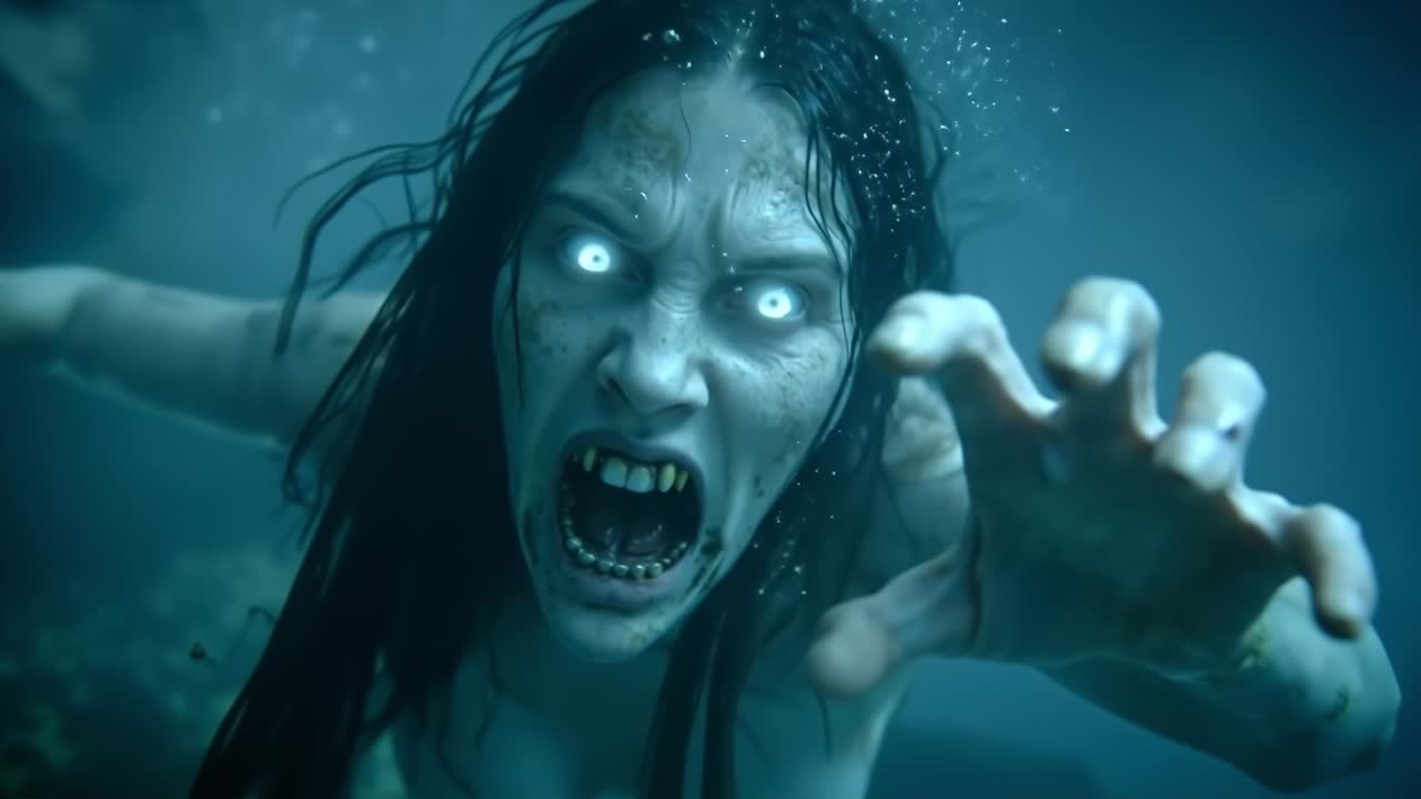 A woman with blue eyes and fangs in the water