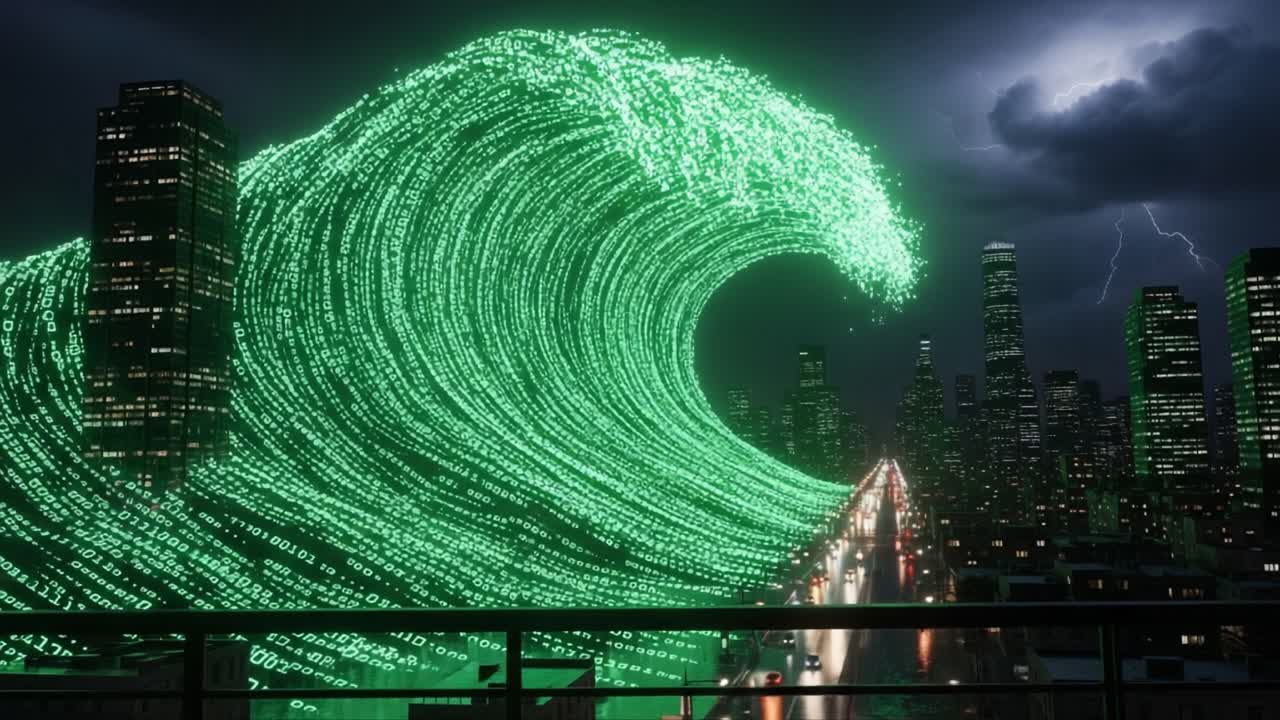 A Massive Digital Wave Composed of Code Surges Over a Futuristic Cityscape Under Stormy Skies, Highlighting the Fusion of Nature and Technology in a Dystopian Setting