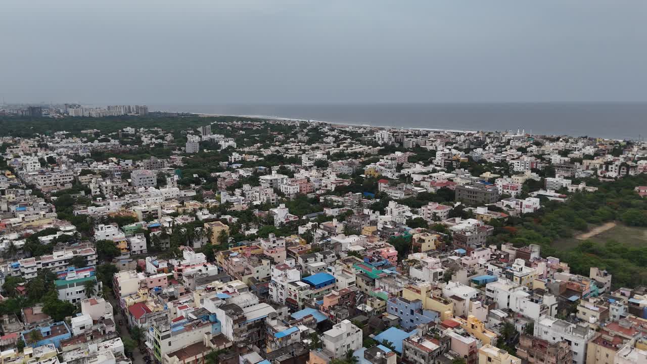 Chennai’s sandy beachfronts and crowds at Elliots Beach aerial shot