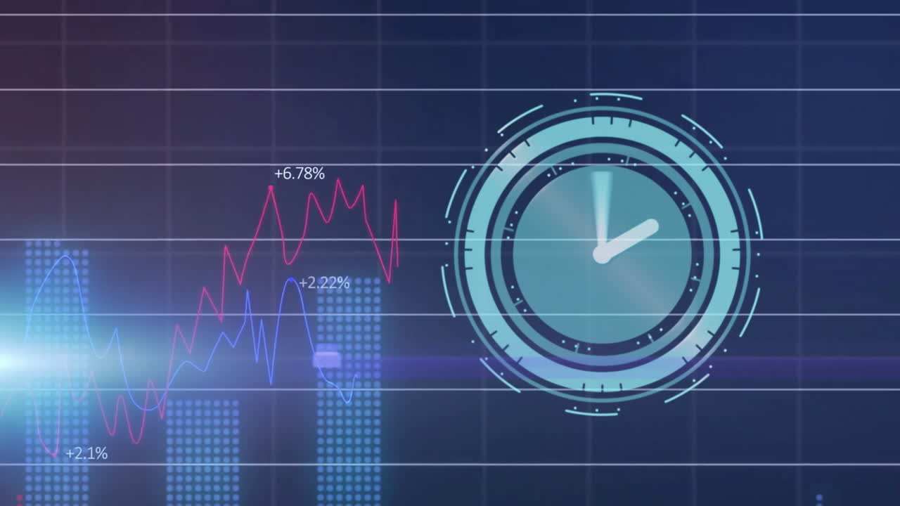 Animazione di elaborazione di dati finanziari su orologio su griglia