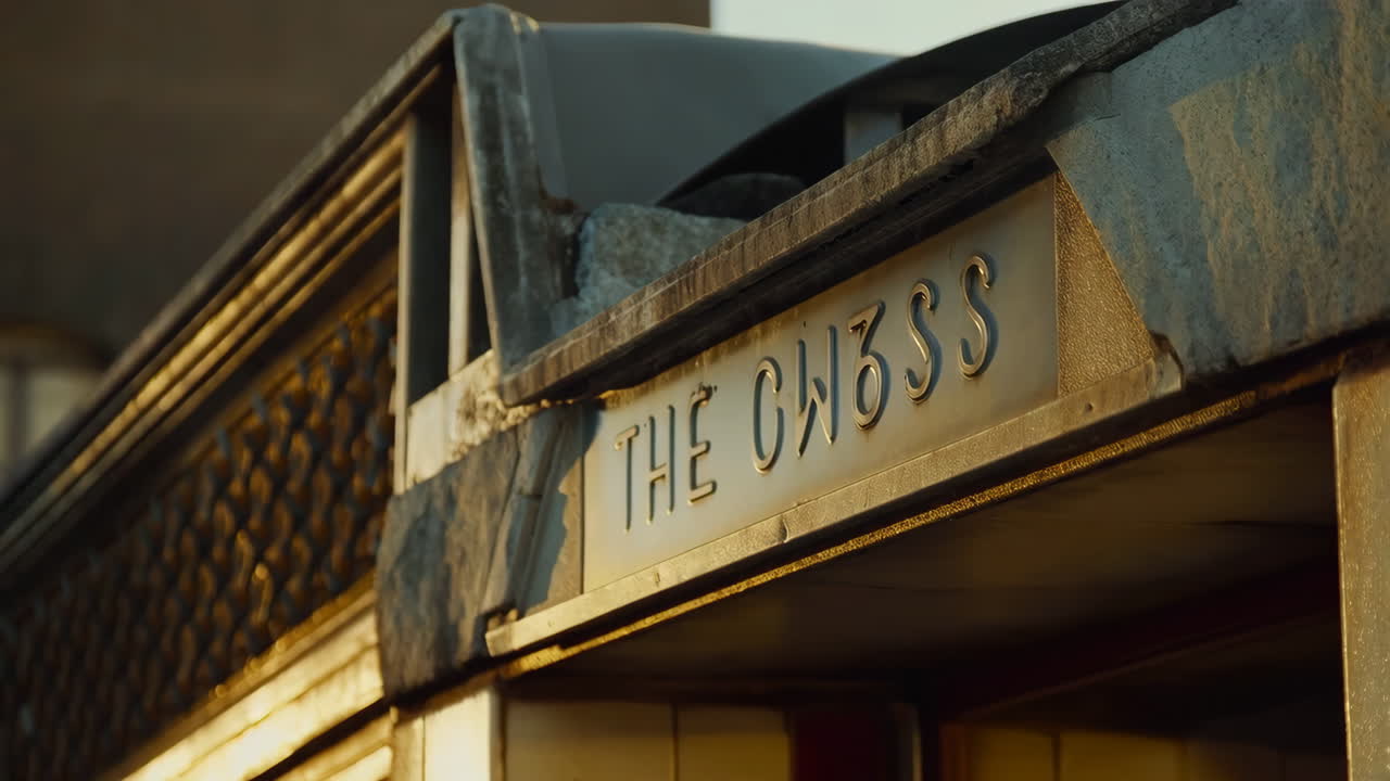 Close-up view of 'THE GW3SS' sign on a building's facade under golden light