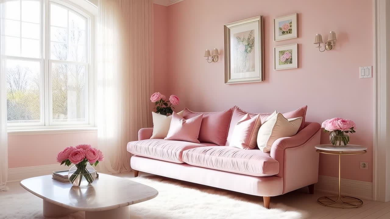 Elegant Pink Living Room Interior with Sofa and Floral Decor