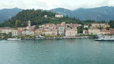 aerial: panoramic view of town of bellagio near lake como