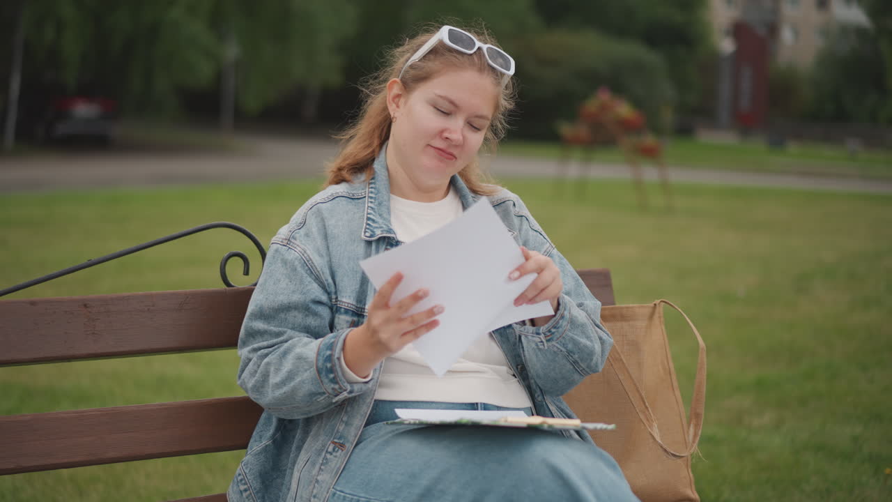 Giovane donna su una panchina che legge una lettera, giacca di jeans rilassata e occhiali da sole, borsa tote a lato, sfoglia le pagine e sorride mentre controlla lo smartphone, ambiente sereno del parco con alberi verdi e luce soffusa.