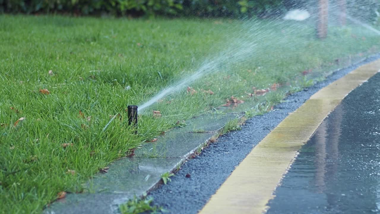 cerca de un sistema de rociadores regando un césped