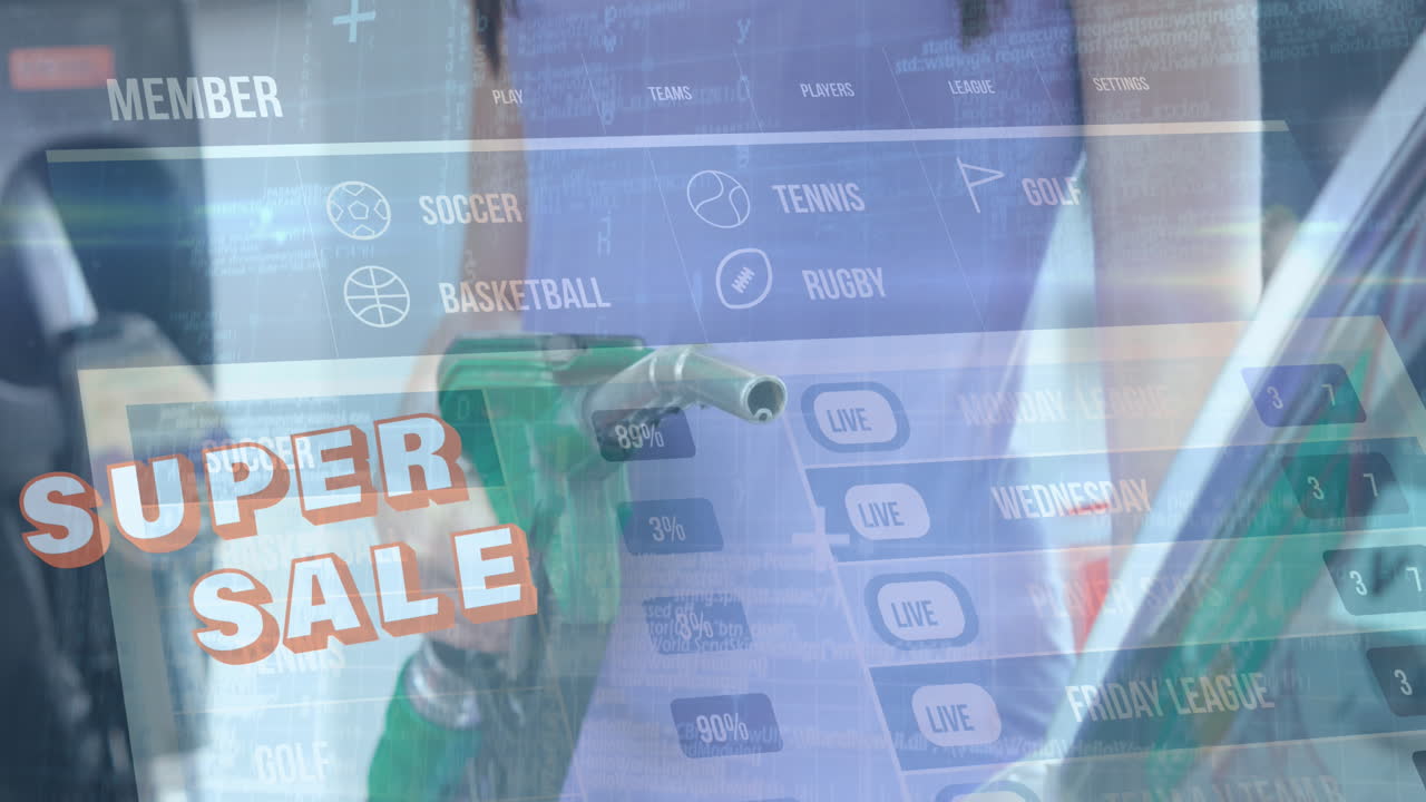 슈퍼 세일 텍스트의 애니메이션, 가스 프를 들고 있는 백인 여성의 중간 부분에 있는 스포츠 스코어보드