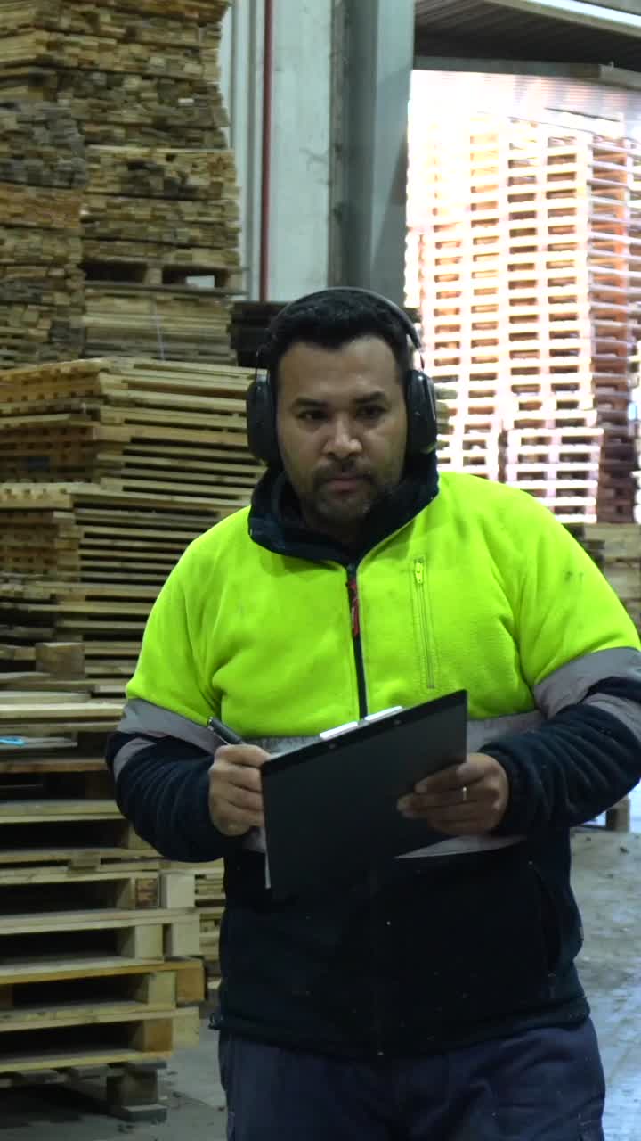 Magazziniere che ispeziona i pallet