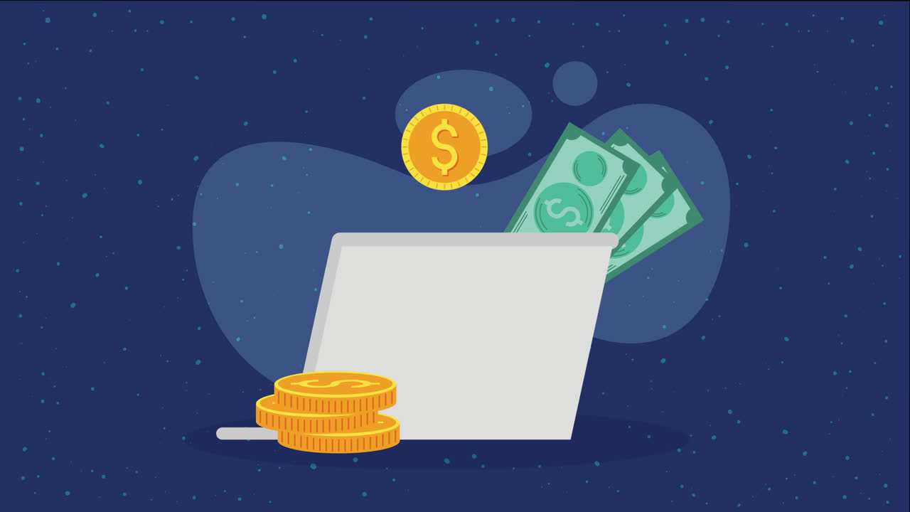 monete in dollari con laptop e banconote animate