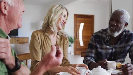 two diverse senior couples sitting by a table drinking tea together at home