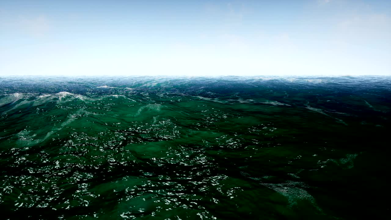 летающий над спокойным океаном голубое небо. анимация бесперебойной петли. 4k