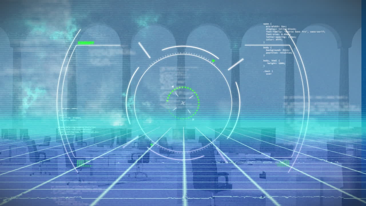 디지털 공간 및 오픈 스페이스 사무실에서 뷰파인더 및 데이터 처리의 애니메이션.