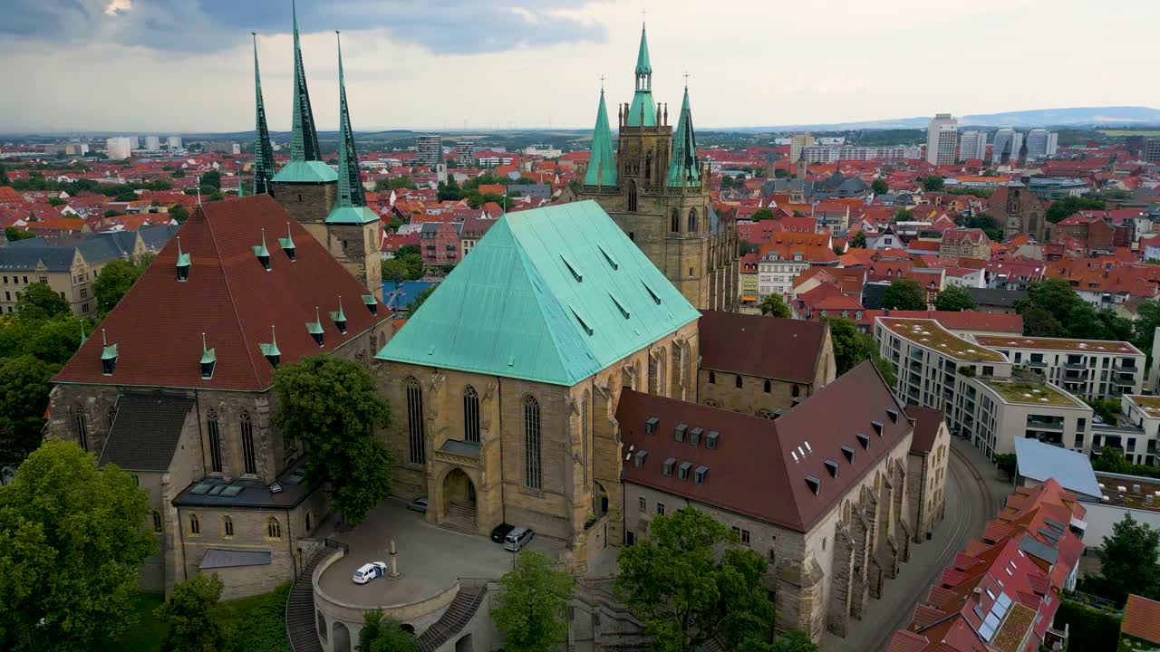 4K Aerial Drone Video of Beautiful Gothic St. Severi Church and Erfurt Cathedral in Downtown Erfurt, Germany