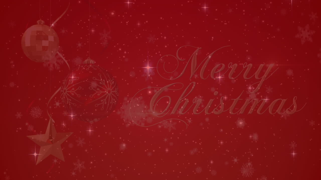 크리스마스 축하 문서와 매달린 별과 불 위에 눈송이와 렌즈 플레어의 애니메이션