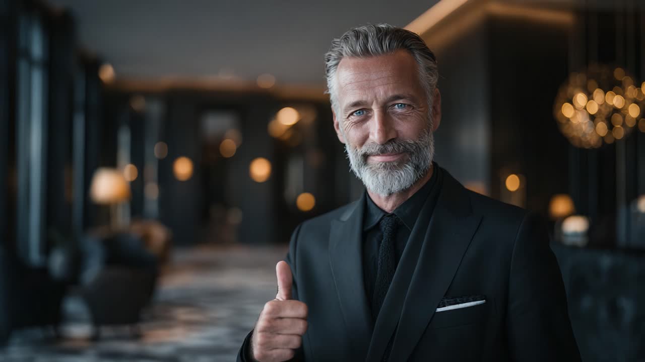 A Confident and Charismatic Man in a Stylish Suit Gives a Thumbs Up in an Elegant, Modern Setting, Exuding Positivity and Assurance
