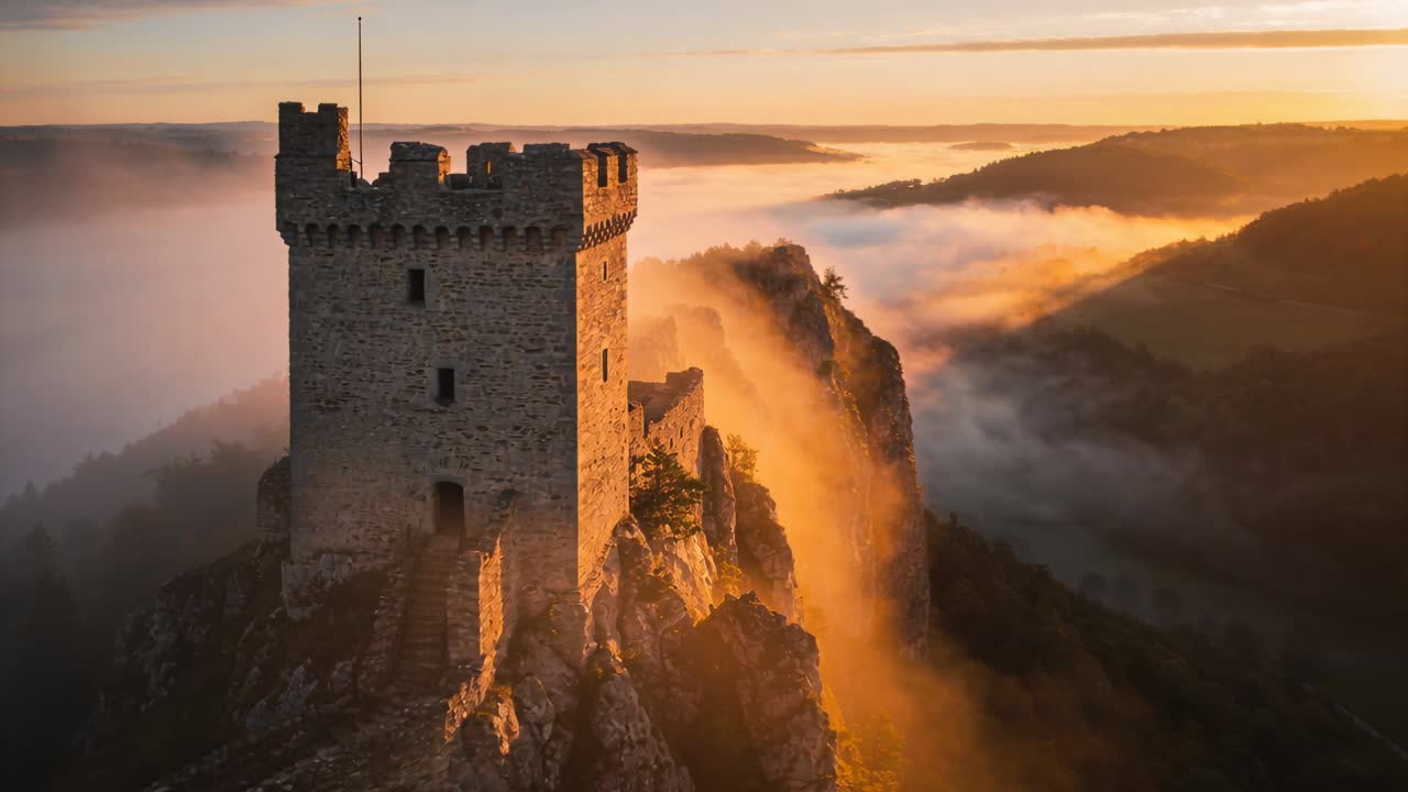 Sole che sorge riscalda una torre di pietra con palo della bandiera su una cresta rocciosa, nebbia che scende lungo il pendio.