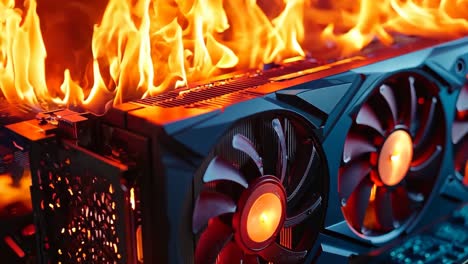 un primer plano de una placa base de computadora en llamas