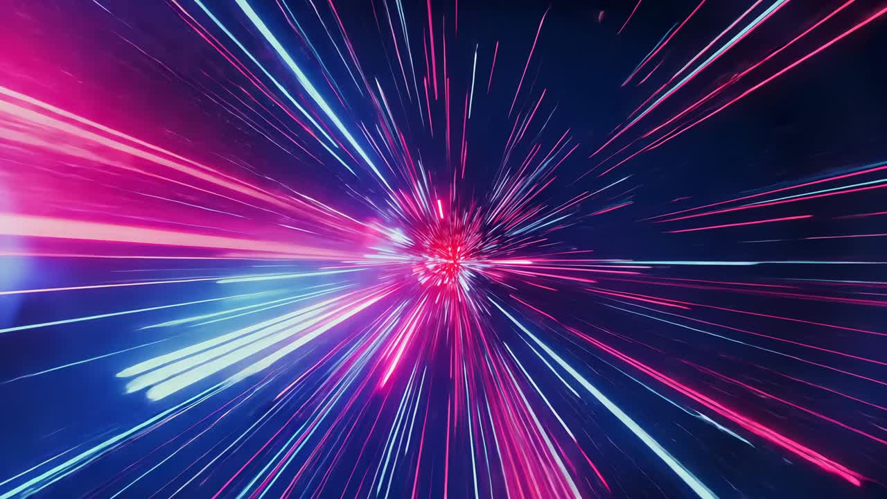 Magenta cyan core pulsing, radial neon light streaks elongating toward void, suggesting warp motion