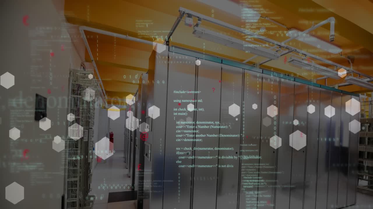 육각형 모양의 애니메이션, 바이너리 코딩 및 컴퓨터 서버 방에 대한 데이터 처리