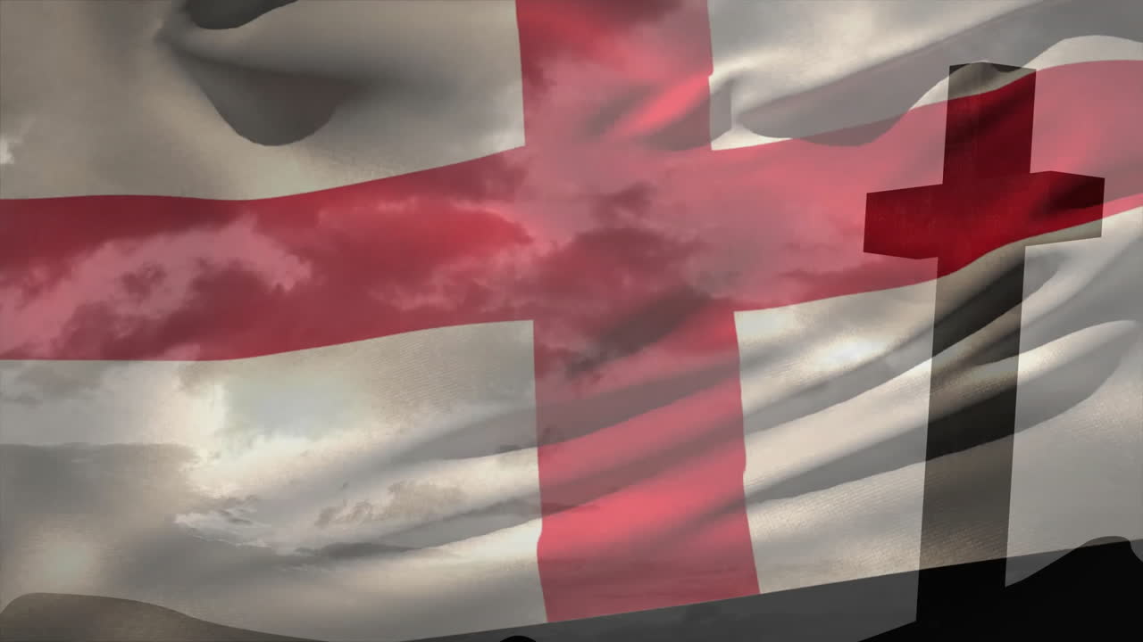 England flag and cross waving against cloudy sky, symbolizing faith and heritage