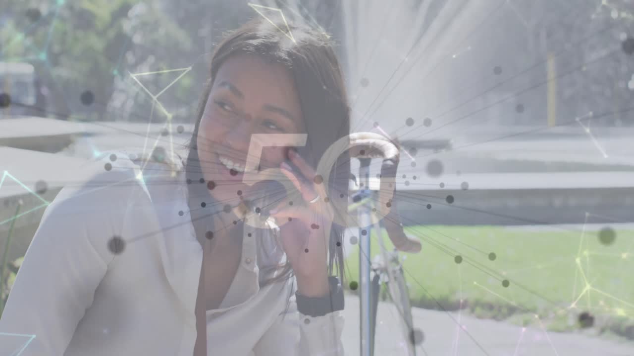 도시에서 스마트폰을 사용하는 여성에 대한 연결 네트워크와 스 ⁇ 을 가진 5g 텍스트의 애니메이션