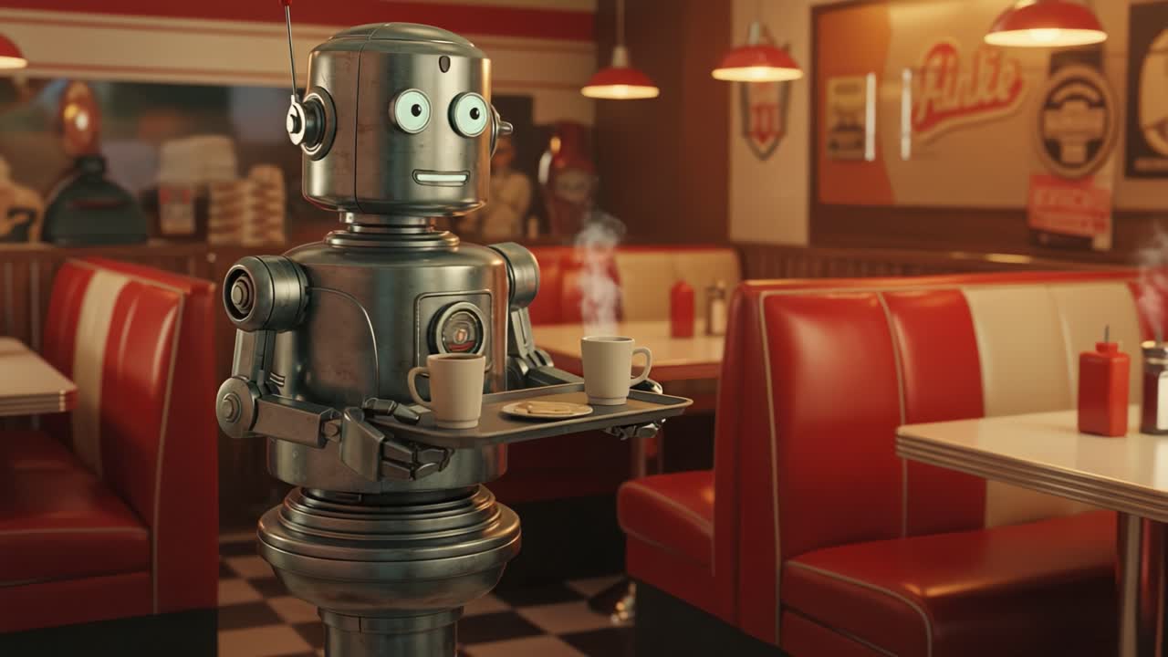Un affascinante cameriere robot che serve bevande calde in un ambiente da tavola calda nostalgico con un classico arredamento rosso e bianco, accattivante atmosfera vintage