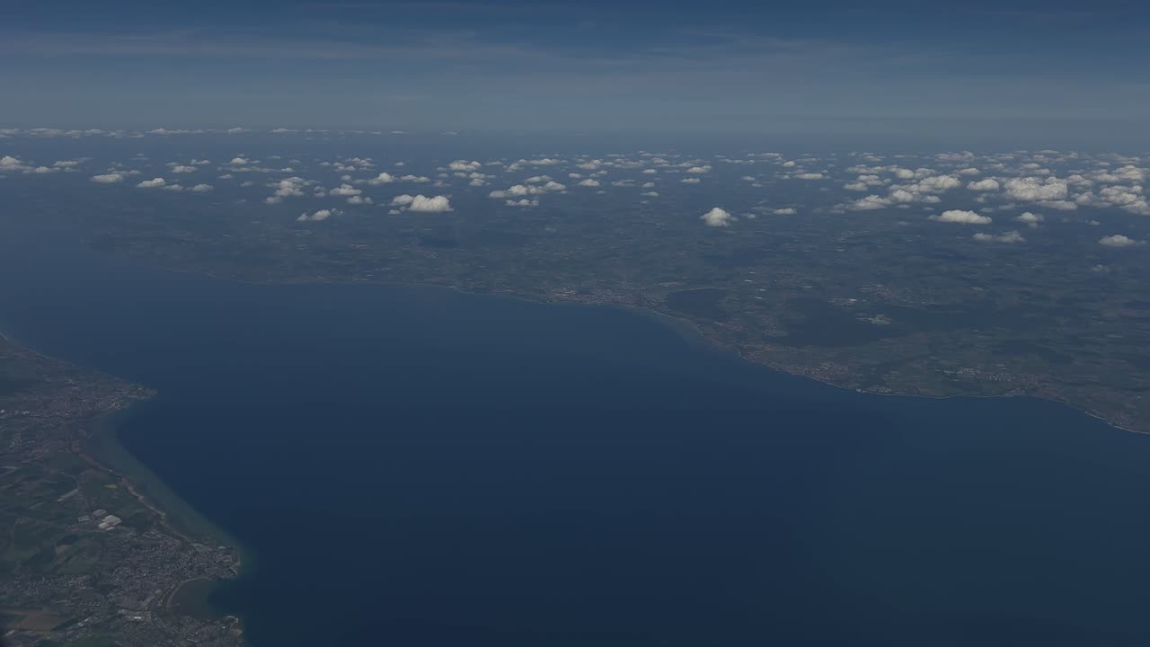 Lake Biwa largest freshwater lake in Japan airplane window view, aerial
