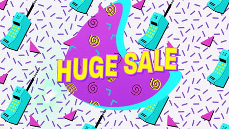 Animation-of-huge-sale-text-over-retro-vibrant-pattern-background