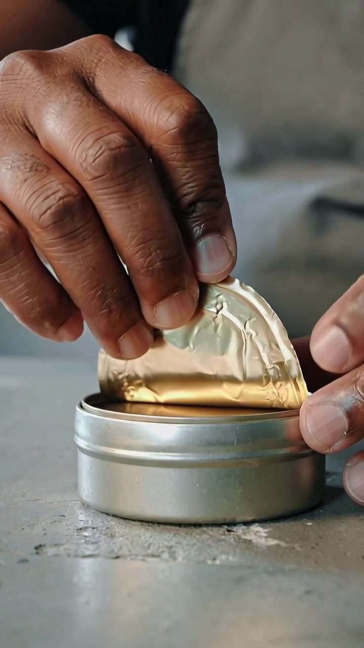 Vertical video: Hooking finger, hands in apron pulling foil tab to reveal tin interior on counter
