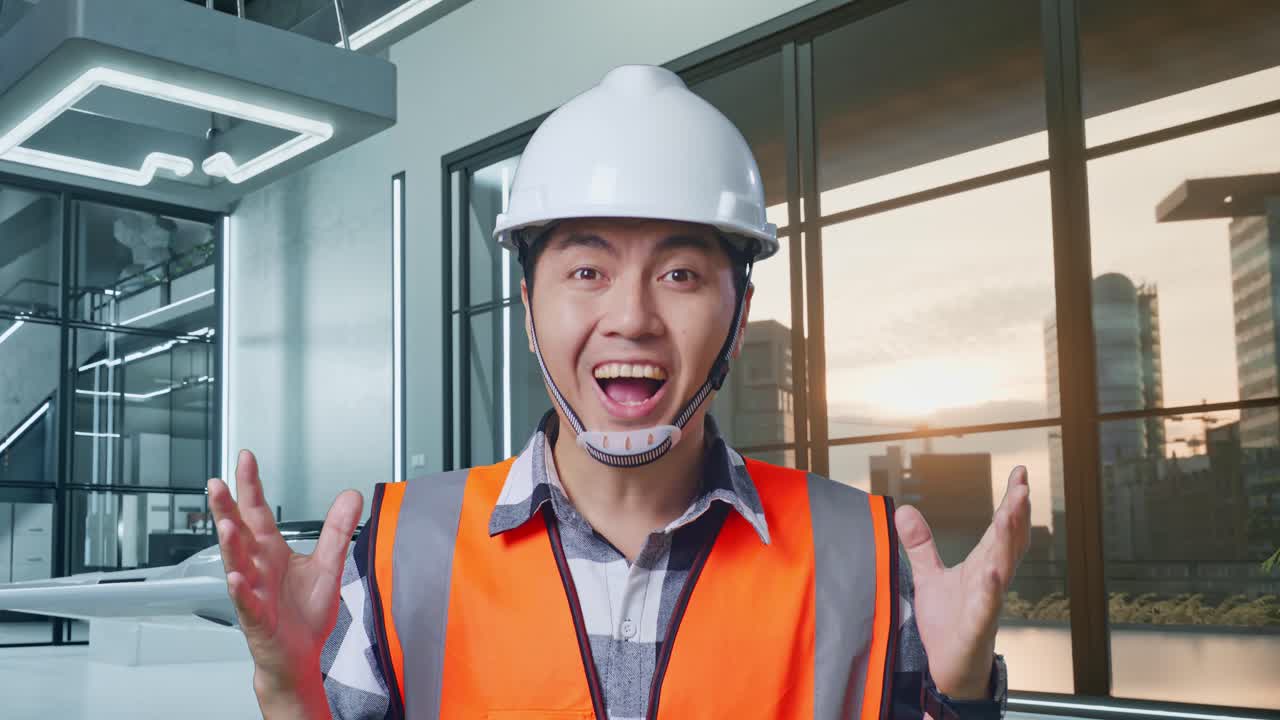 현대적 인 사무실 에서 흥분 한 건설 노동자