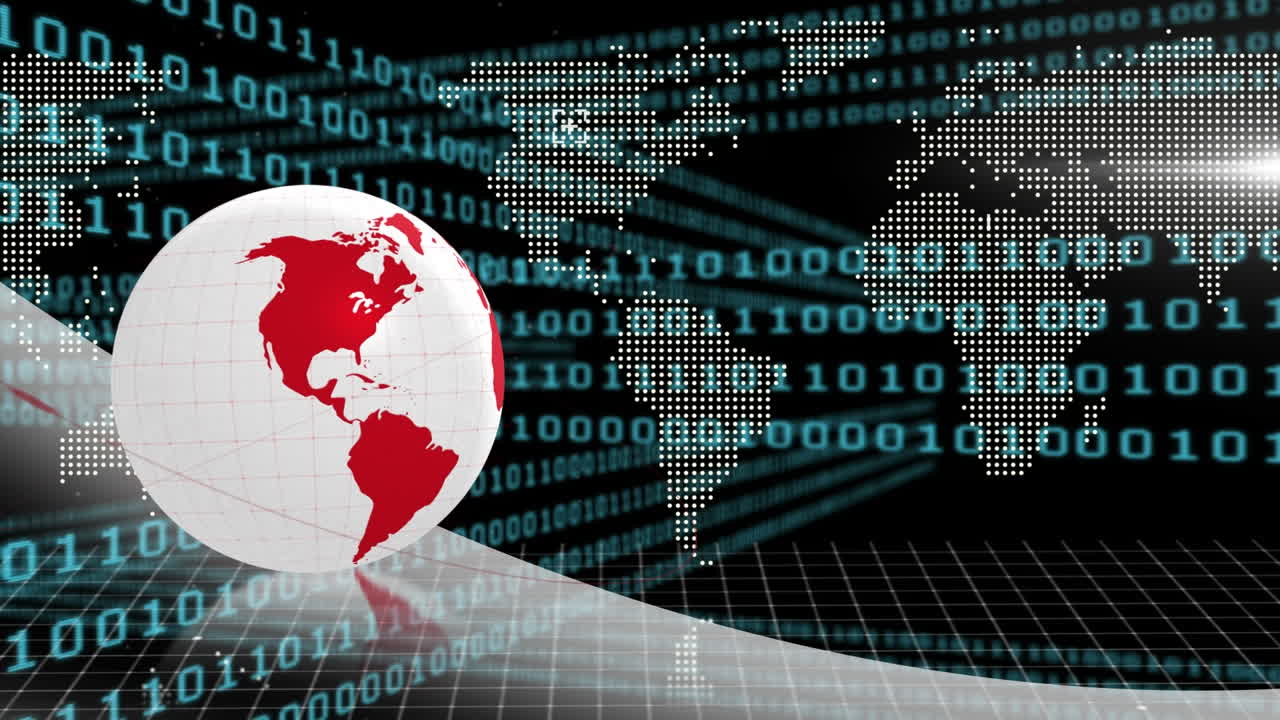 Animation of globe, binary code and world map on black background