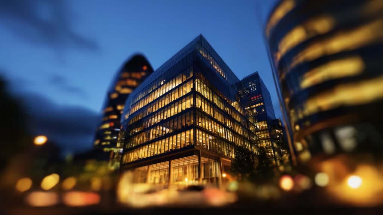 Uma bela vista noturna de edifícios modernos de vidro iluminados contra um céu escurecendo, com luzes urbanas ambientes refletindo a arquitetura e o design urbanos