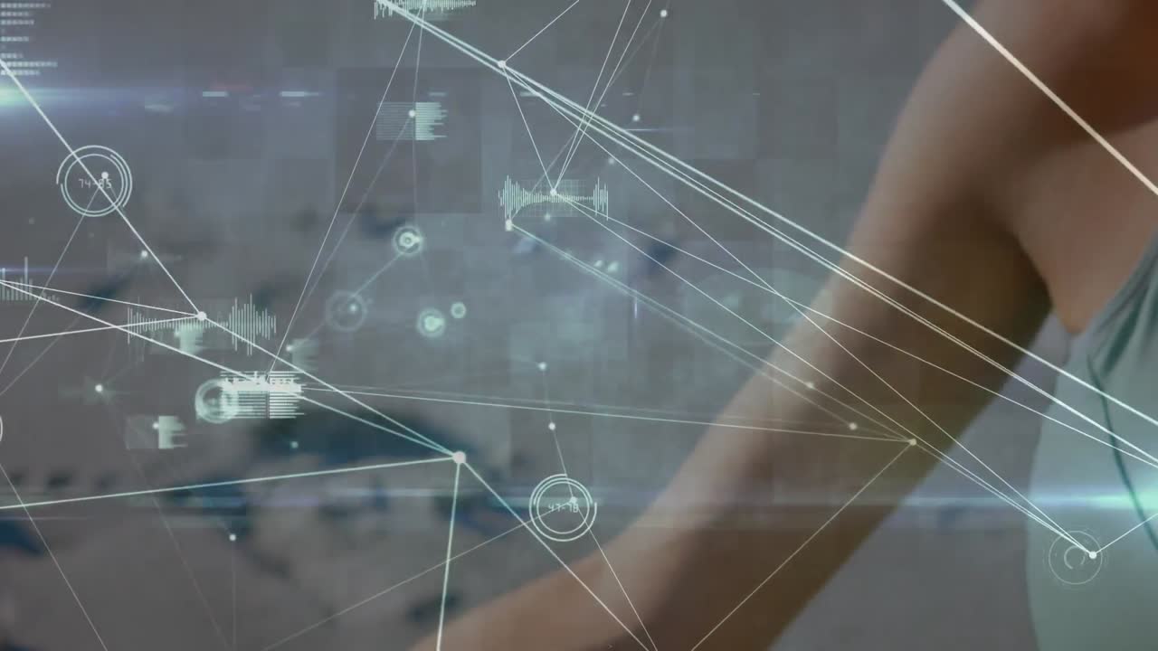 animación del procesamiento de datos y redes de conexiones sobre una mujer caucásica practicando yoga