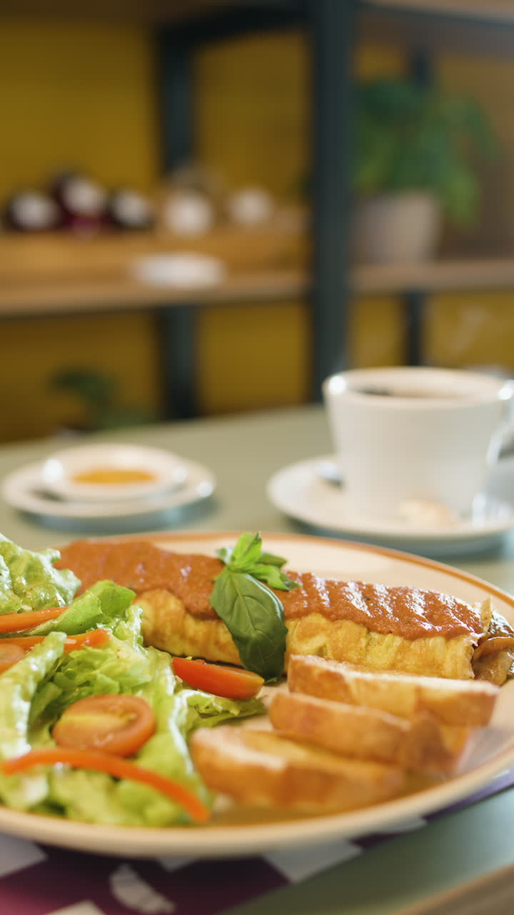 Steaming cup of coffee that blurs to reveal an omelet with salad and bread in a warm cafe atmosphere