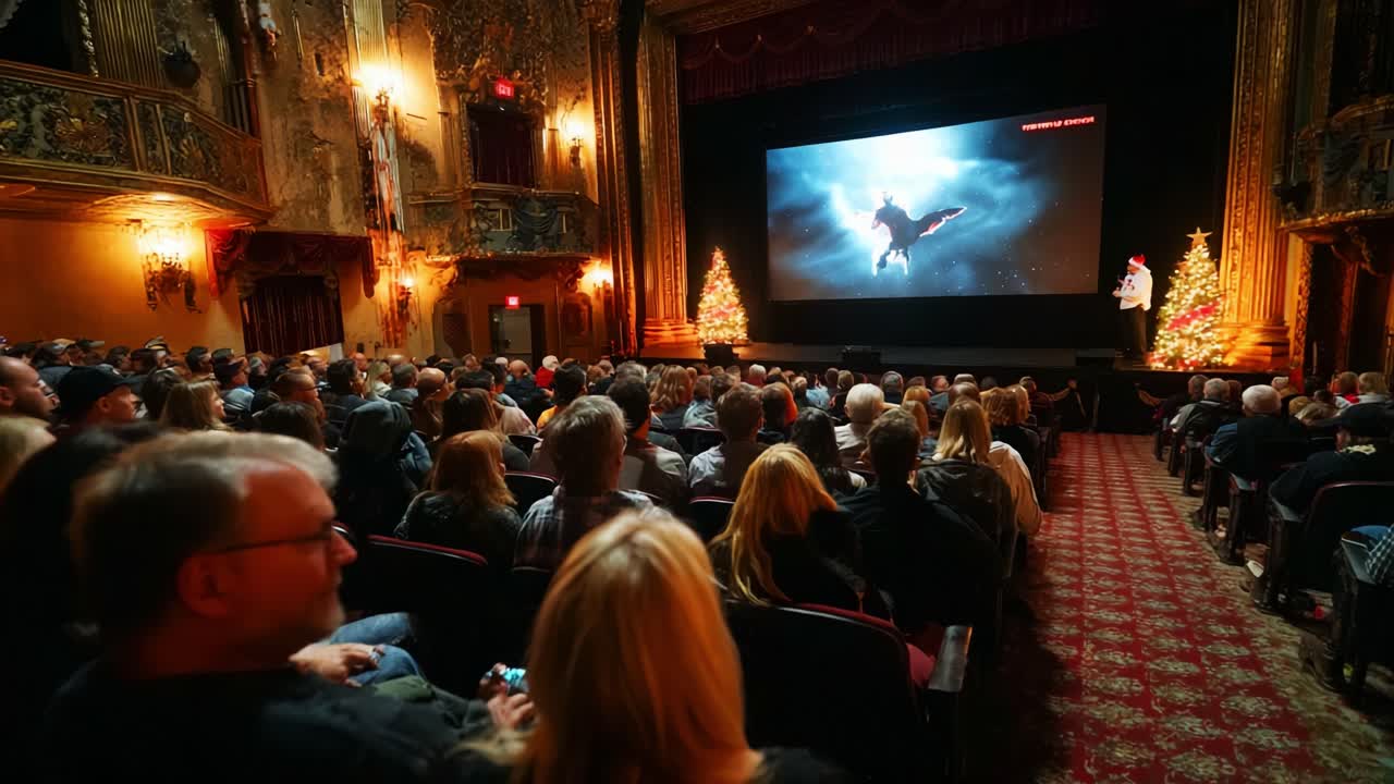 A Captivating Movie Premiere Experience: An Enthralled Audience Gathered in a Grand Theater Setting, Eagerly Watching a Mesmerizing Scene Featuring a Fantastical Creature on the Big Screen