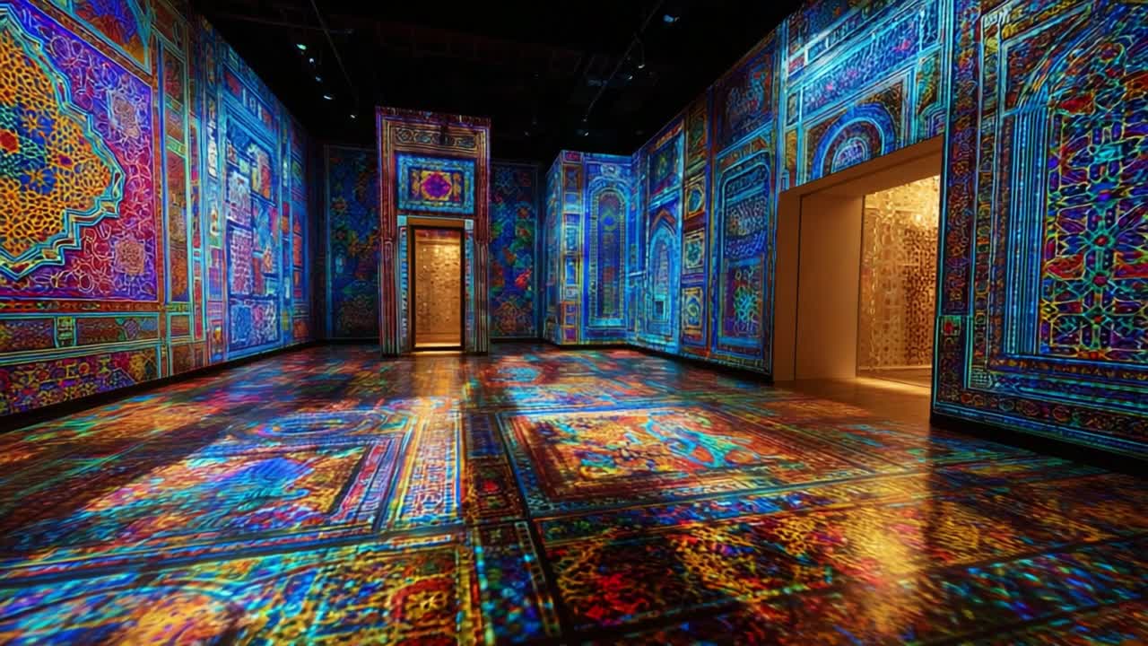 A Stunning Visual Experience: Immersive Room with Colorful Projections on Floors and Walls Captures the Essence of Art Through Light and Design in a Unique Artistic Space