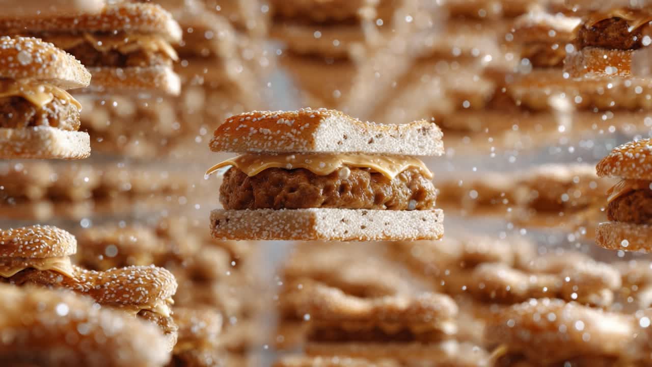 A mesmerizing visual of floating burgers surrounded by a dreamy atmosphere, showcasing a delicious peanut butter and meat combination that tantalizes the senses